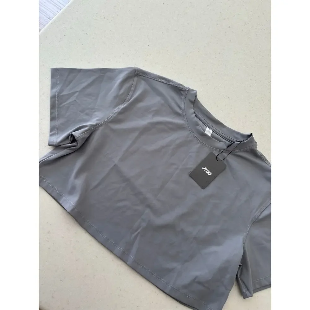 JTOO Gray Athletic Crop Top Women’s Small Short Sleeve Stretch Activewear NWT - Picture 7 of 9